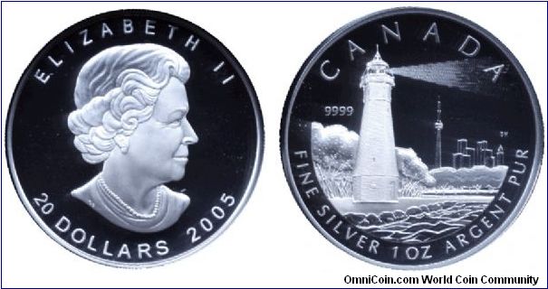 Canada, 20 dollars, 2005, Ag, Queen Elizabeth II, Lighthouse of innovation and mistery - A tribute to Gibraltar Point Lighthouse, the oldest existing lighthouse of the Great Lakes, built in 1808.                                                                                                                                                                                                                                                                                                                 