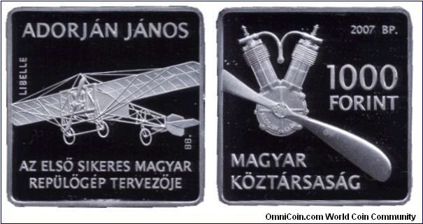 Hungary, 1000 forint, 2007, Cu-Ni, János Adorján, constuctor of the first successfull Hungarian aeroplane, the Libelle.                                                                                                                                                                                                                                                                                                                                                                                             