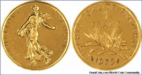 Gold piedfort version of normal circulation type 1 franc coin.