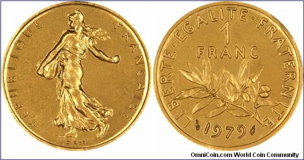 Gold piedfort version of normal circulation type 1 franc coin.