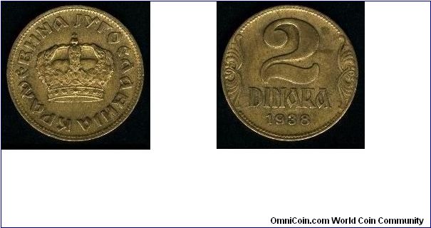 1938 2 2 Dinara.  Aluminum Bronze.  KM# 20.