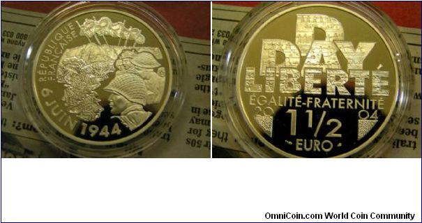 D-Day sterling silver, 1.5 Euro, 38mm