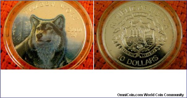 10 Dollar, colour Timber Wolf, .925 silver