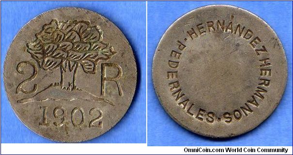 Moneda regional. Hacienda Hermanos Hernandez. Pedernales. 2 Reales