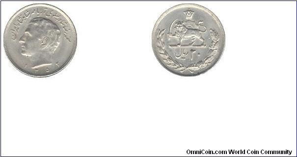 1973(AH1352) 20 Rials.  Copper Nickel.  KM# 1180.