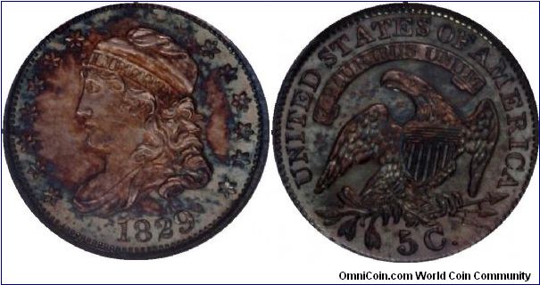 1829 CAPPED BUST HALF DIME (LM-16, R.2.)  Aqua-blue and golden-brown colors illuminate this lustrous near-Gem. Well struck aside from a hint of softness near the left border of the shield. A couple of very faint slide marks on Liberty's cheek limit the grade. All die cracks of LM-16.2 are present, but the reverse die is not clashed.