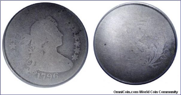 1796 DRAPED BUST QUARTER (Small Eagle) (B-2, R.3.)  A well worn but problem free example of this first year quarter. The date is completely visible along with the outline of the bust. Over half of the stars are also visible. The reverse has a small portion of the eagle and wreath visible, as well as 'ICA' of AMERICA. An original mintage of just 6,146 pieces assures the rarity of this issue.
