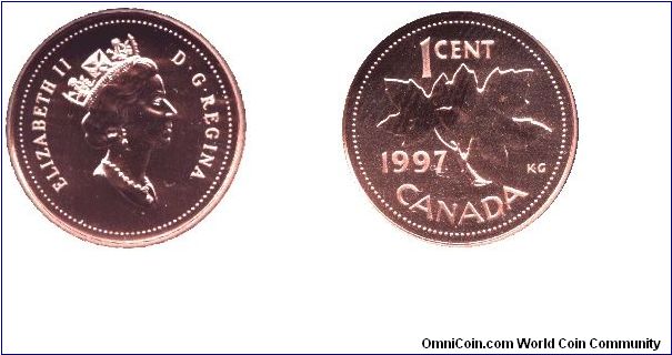 Canada, 1 cent, 1997, Cu-Zn, Queen Elizabeth II, maple twig, part of Specimen Set 1997.                                                                                                                                                                                                                                                                                                                                                                                                                             