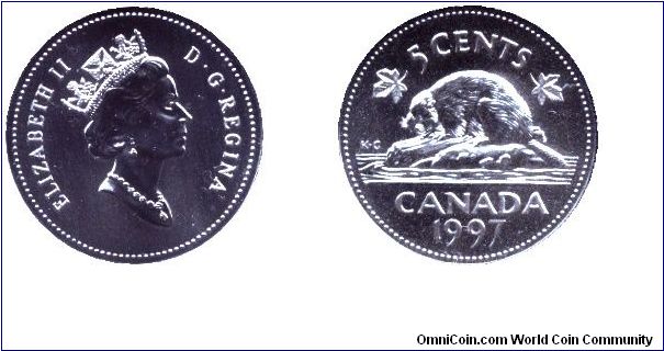 Canada, 5 cents, 1997, Cu-Ni, Queen Elizabeth II, beaver, part of Specimen Set 1997.                                                                                                                                                                                                                                                                                                                                                                                                                                