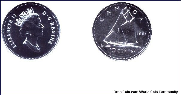 Canada, 10 cents, 1997, Ni, Queen Elizabeth II, Fishing Schooner, part of Specimen Set 1997.                                                                                                                                                                                                                                                                                                                                                                                                                        
