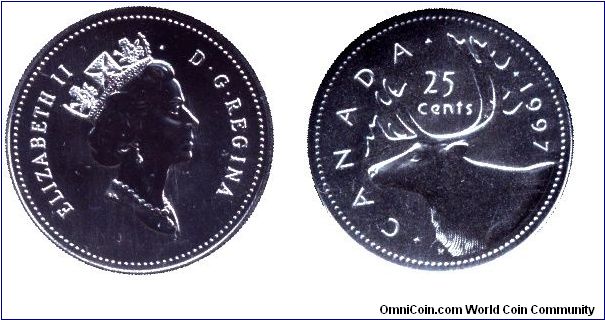 Canada, 25 cents, 1997, Ni, Queen Elizabeth II, Caribou, part of Specimen Set 1997.                                                                                                                                                                                                                                                                                                                                                                                                                                 