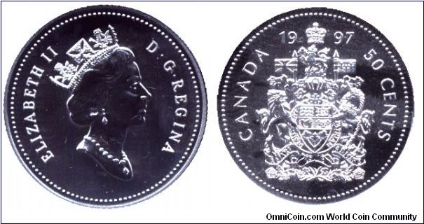 Canada, 50 cents, 1997, Ni, Queen Elizabeth II, Coat of Arms, part of Specimen Set 1997.                                                                                                                                                                                                                                                                                                                                                                                                                            