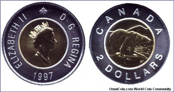 Canada, 2 dollars, 1997, Queen Elizabeth II, Polar Bear, part of Specimen Set 1997.                                                                                                                                                                                                                                                                                                                                                                                                                                 