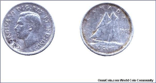 Canada, 10 cents, 1946, Ag, King George VI, Fishing Schooner.                                                                                                                                                                                                                                                                                                                                                                                                                                                       