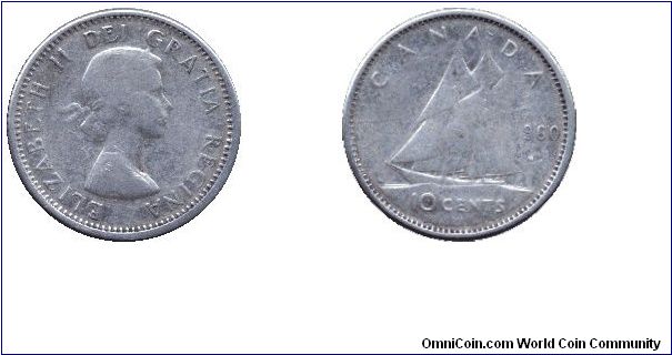 Canada, 10 cents, 1960, Ag, Queen Elizabeth II, Schooner.                                                                                                                                                                                                                                                                                                                                                                                                                                                           