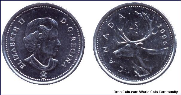 Canada, 25 cents, 2006, Queen Elizabeth II, Caribou, new Royal Canadian Mint mint mark.                                                                                                                                                                                                                                                                                                                                                                                                                             