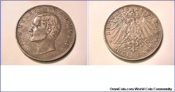 German Empire- Bavaria

OTTO KOENIG VON BAYERN
DEUTSHES REICH DREI MARK (3)
1910-D
0.900 SILVER