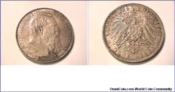 German Empire- Bavaria

LVITPOLD PRINZ REGENT V BAYERN 1821 12 MAERZ 1911
DEUTSCHES REICH DREI MARK (3)
1911-D
0.900 silver