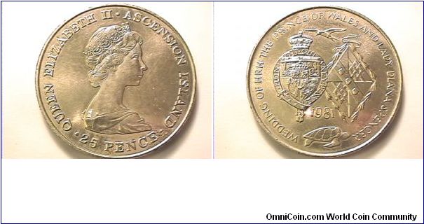 QUEEN ILIZABETH II ASCENSION ISLAND 25 PENCE
WEDDING OF HRH THE PRINCE OF WALES AND LADY DIANA SPENCER 1981
copper-nickel