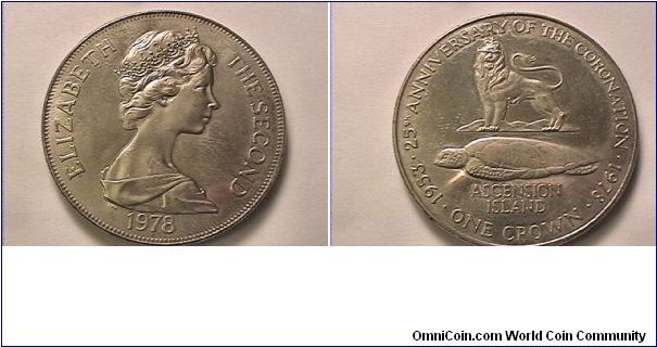 ELIZABETH THE SECOND
25TH ANNIVERSARY OF THE CORONATION ASCENSION ISLAND ONE CROWN
copper-nickel
