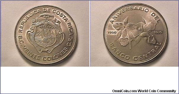 REPUBLICA DE COSTA RICA B.C. VEINTE COLONES C.R.
ANIVERSARIO DEL BANCO CENTRAL
1950-1975
copper-nickel