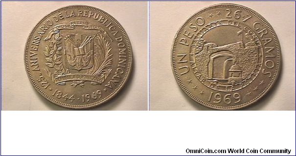 125 ANIVERSARIO DE LA REPUBLICA DOMINICANA
1844-1969
UN PESO 26.7 GRAMOS BALUARTE DEL CONDE ALTAR DE LA PATRIA
copper-nickel