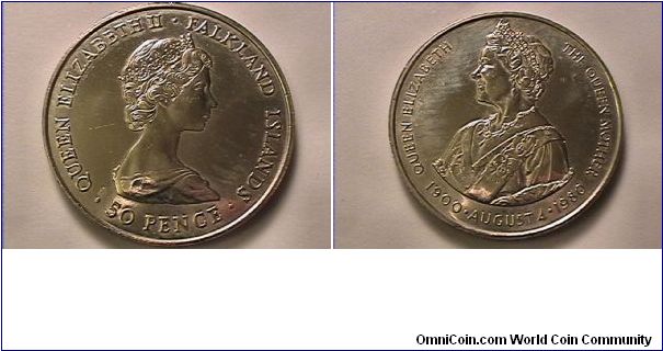 QUEEN ELIZABETH II FALKLAND ISLANDS 50 PENCE
QUEEN ELIZABETH THE QUEEN MOTHER 1900 AUGUST 4 1980
copper-nickel