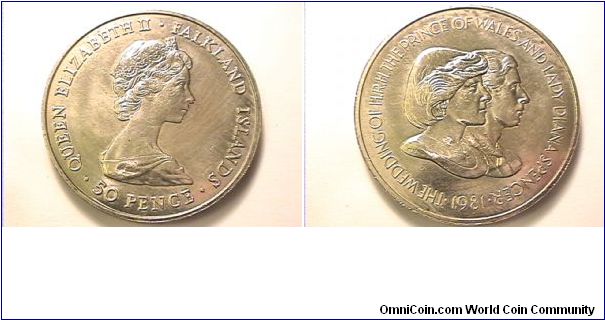 QUEEN ELIZABETH II FALKLAND ISLANDS 50 PENCE
THE WEDDING OF HRH THE PRINCE OF WALES AND LADY DIANA SPENCER 1981
copper-nickel