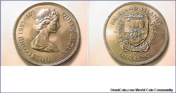 QUEEN ELIZABETH THE SECOND 1952-1977
FALKLAND ISLANDS
FIFTY PENCE
copper-nickel