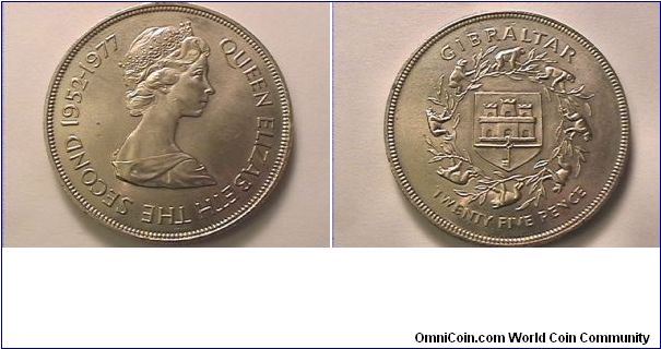 QUEEN ELIZABETH THE SECOND 1952-1977
GIBRALTAR TWENTY FIVE PENCE
copper-nickel