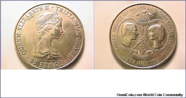 TRISTAN DU CUNHA

QUEEN ELIZABETH II TRISTAN DU CUNHA 25 PENCE
CHARLES PRINCE OF WALES AND LADY DIANA SPENCER
29TH JULY 1981
copper-nickel