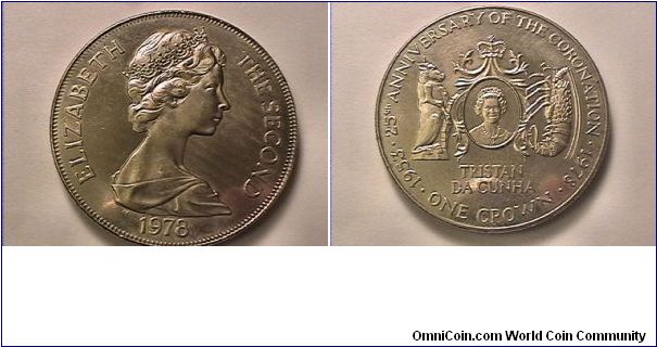 TRISTAN DU CUNHA

ELIZABETH THE SECOND
25TH ANNIVERSARY OF THE CORONATION
1953-1978
ONE CROWN TRISTAN DU CUNHA
copper-nickel