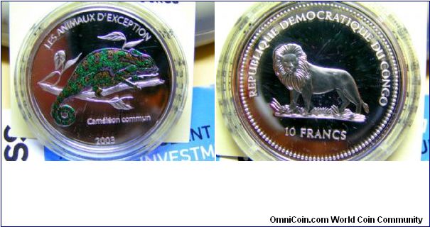 0.925 silver 10 francs colour cameleon proof coin.