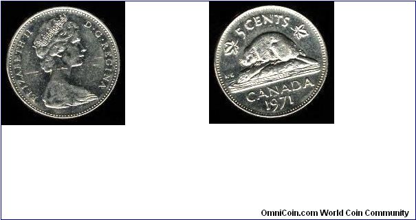 1971 Canada 5 Cents.  Copper Nickel.  KM# 60.1.