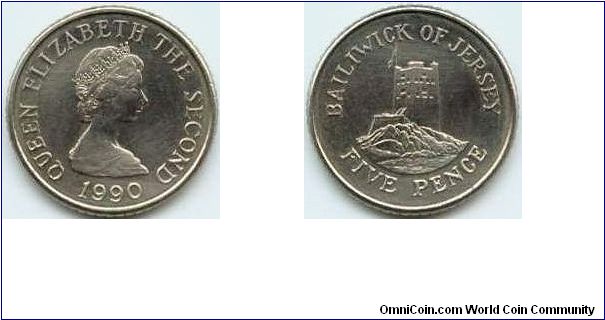 Jersey, 5 pence 1990.
Queen Elizabeth II.