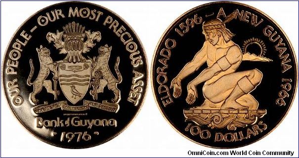 Attractive gold coin of Guyana, slightly spoilt by the fact that it was made in .500 (12 carat) gold, instead of 'real' gold .900 or better, still it's better than nothing!