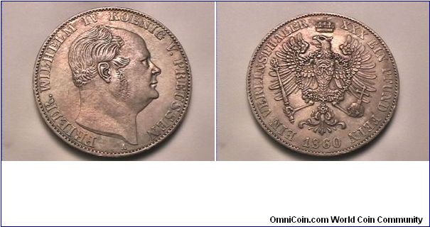 FRIEDR WILHELM IV KOENIG V PREUSSEN
EIN VEREINSTHALER XXX EIN PFUND FEIN 1860-A
0.900 silver