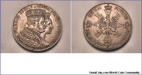 WILHELM KOENIG AUGUSTA KOENIGIN V PREUSSEN
SUUM CUIQUE KROENUNGS THALER
0.900 silver
coronation of Wilhelm and Augusta