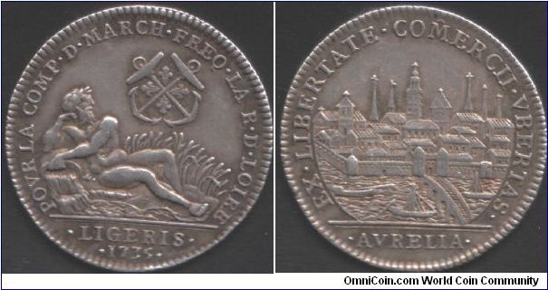silver jeton of `Les Corps des Marchands de la Loire'. River god obverse and city view of the town of Orleans reverse.