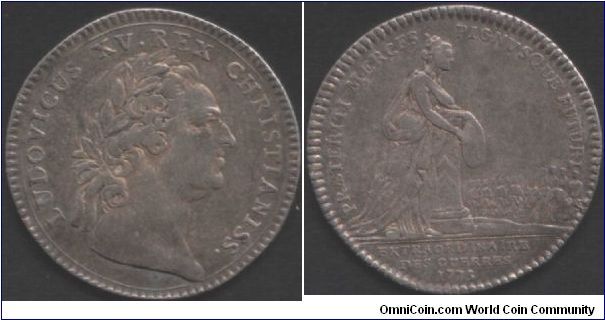 silver jeton issued for the royal  administration `Extraordinaire des Guerres' in 1773. Excellent mature bust of Louis XV.