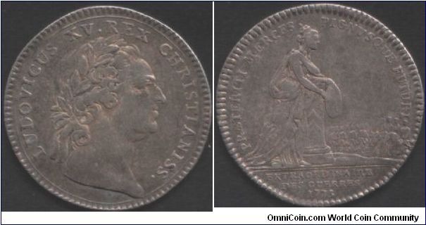 silver jeton issued for the royal  administration `Extraordinaire des Guerres' in 1773. Excellent mature bust of Louis XV.