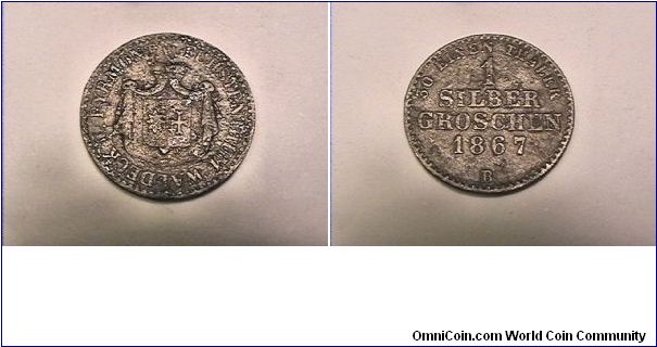 GERMAN STATE-WALDECK-PYRMONT
FURSTENTHUM
30 EINEN THALER
1 SILBER GROSCHEN
1867-B
0.2220 sILVER