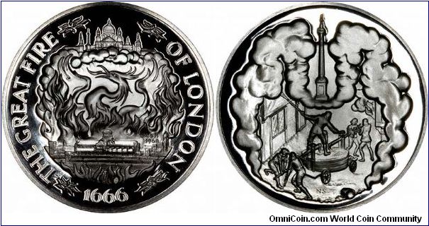 Great fire of London on a silver medallion issued as part of a subscription collection by The Britannia Commemorative Society which was founded in 1966. This medallion is number 11 in the series and is dated 1968.