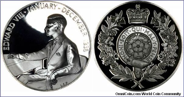 Edward VIII, January  - December 1936, on a silver medallion issued as part of a subscription collection of 60 medals by The Britannia Commemorative Society which was founded in 1966. This medallion is number 38 in the series and is dated 1973.