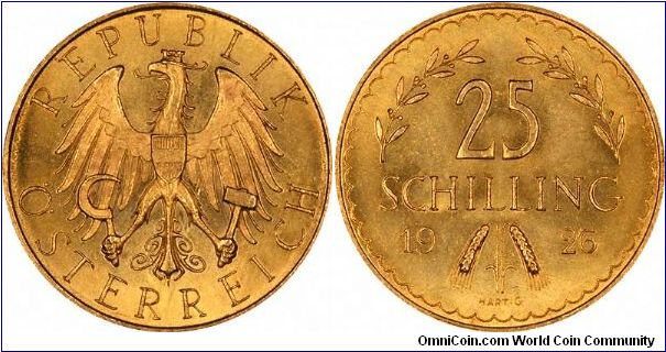 Gold 25 schillings of 1926. This type was issued from 1926 to 1934, with a design similar to the 100 schillings issued in the same period. Although not rare, these are seldom seen as bullion coins.