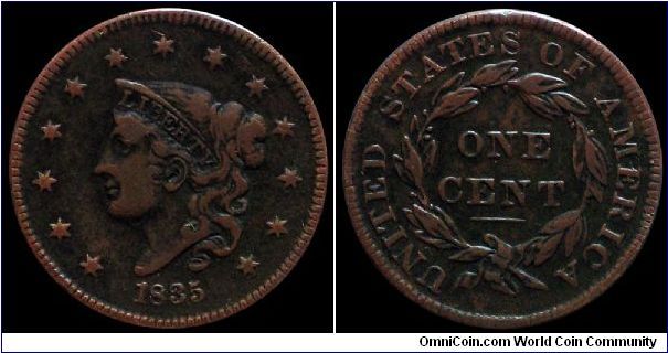 1835 U.S. Large Cent, N-8 Variety (Head of 1836), EF. Dark, but with smooth planchet. R-2 Rarity.