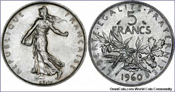 French silver 5 francs issued between 1960 and 1969, featuring Semeuse (the Sower). Originally designed in 1898 by French engraver Louis Oscar Roty, 1846 to 1911. The Sower which has now appeared on various French coins for over a century, having first appeared on an 1898 5 francs essai, and then having transferred to the euro 20 cents.
From 1970, a base metal clad version was issued.