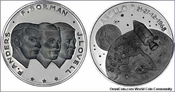 Apollo 8 medallion in palladium, second in a  series issued in 1969 by Slade Hampton & Son Limited of London. This one honours Anders, Borman and Lovell.