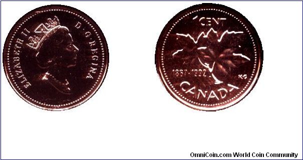 Canada, 1 cent, 1992, Bronze, maple twig, 1867-1992, 125th Anniversary of Canada, Queen Elizabeth II, part of set KM SS77.                                                                                                                                                                                                                                                                                                                                                                                          