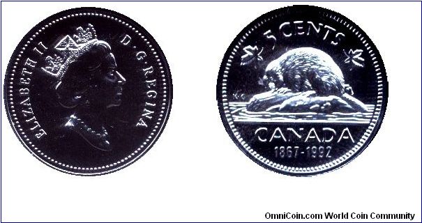 Canada, 5 cents, 1992, Cu-Ni, Queen Elizabeth II, Beaver, 1867-1992, 125th Anniversary of Canada, part of set KM SS77                                                                                                                                                                                                                                                                                                                                                                                               